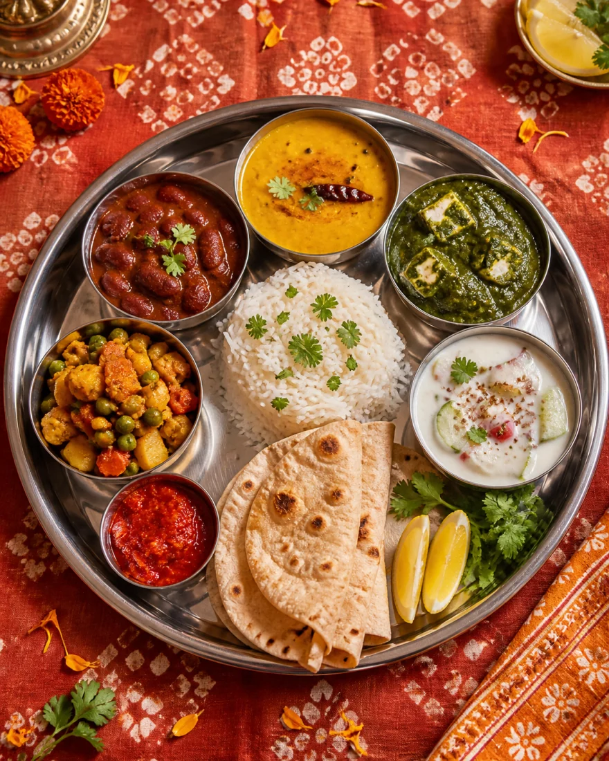 A vibrant Indian thali with rajma, dal, palak paneer, sabzi, raita, rice and phulkas on terracotta cloth