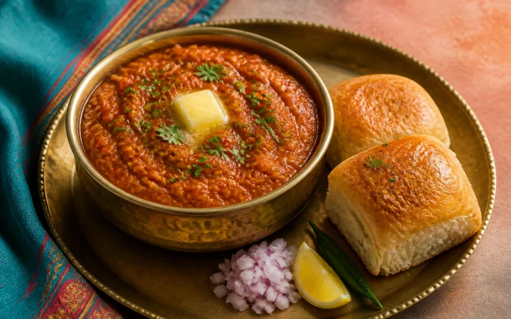 Mumbai-style pav bhaji with buttered pav, red onion, lemon, green chilli and coriander